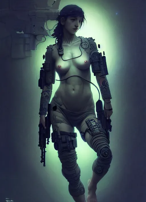 Image similar to girl covered with tattoos wearing tactical gear, intricate lights, bio luminescent, plasma, by ruan jia and artgerm and range murata and wlop and ross tran and william - adolphe bouguereau and beeple. key art. fantasy illustration. award winning, artstation, intricate details, realistic, hyperdetailed, 8 k resolution.