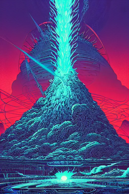 Image similar to artwork by kilian eng and ( dan mumford ) and toshi yoshida and franklin booth showing a gigantic futuristic powerstation!! in front of a ( ( exploding volcano ) ), vintage scifi, high details, dramatic lightning,, 8 k