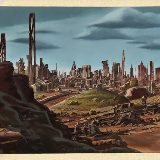 Prompt: 1 9 4 8 unused disney matte painting of a wasteland with the ruins of a modern city in the distance.