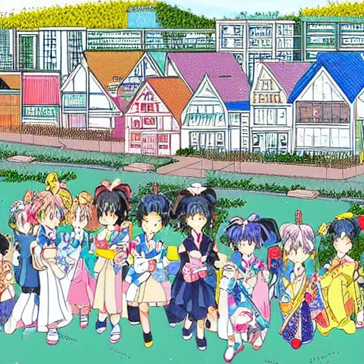 Image similar to a neighborhood in japan in the style of a Naoko Takeuchi manga