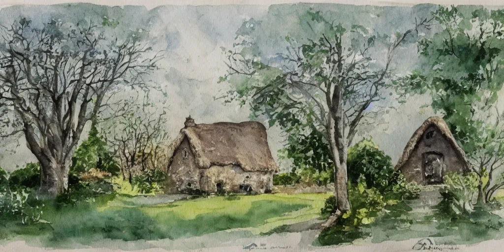 Prompt: old thatched cottage with a front garden among the trees, watercolor