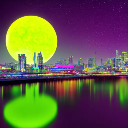 Image similar to neon sci - fi city, futuristic, neon colours, high saturation, high def, 8 k, hd, two moons on night sky,