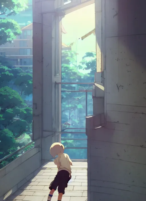 Image similar to boy on ground waving to a pretty girl on the second floor, illustration concept art anime key visual trending pixiv fanbox by wlop and greg rutkowski and makoto shinkai and studio ghibli