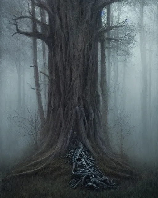 Prompt: oil painting of forest spirit made out of wooden sticks with a deer skull for a face, dark forest, fog, dark fantasy, gloomy, pale colors, by greg rutkowski