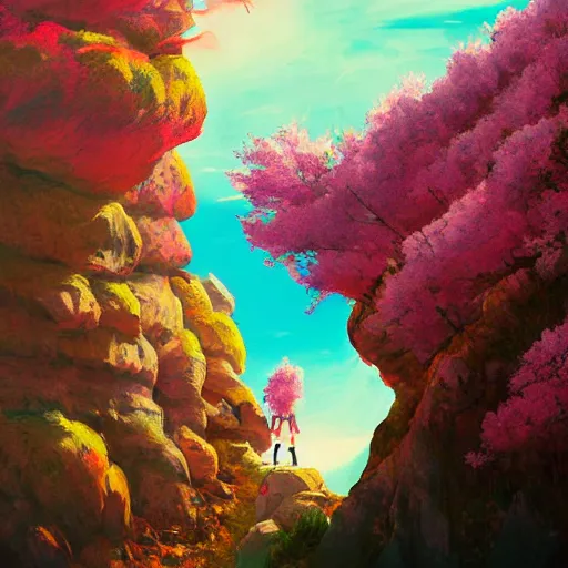 Prompt: giant cherry blossom as a head, girl hiking in a canyon, surreal photography, sunrise, dramatic light, impressionist painting, colorful clouds, digital painting, artstation, simon stalenhag