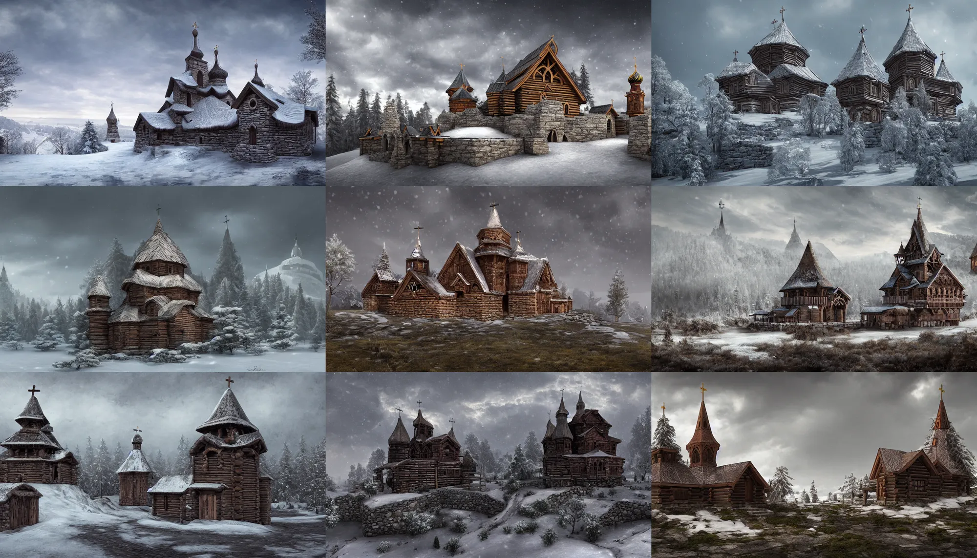 Prompt: tall ancient castle enclosed palisaded, with christian wooden churches and domes on them, log houses built on snow hills, slavic, russian, slovenian, tartarian architecture, contrasting, gray skies, hyper - detailed, artstation, cgsociety, 8 k