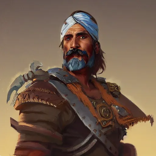 Image similar to portrait old vice barbarian warrior with trucker mustache and bandana, 8 k, trending on art station, by tooth wu and greg rutkowski