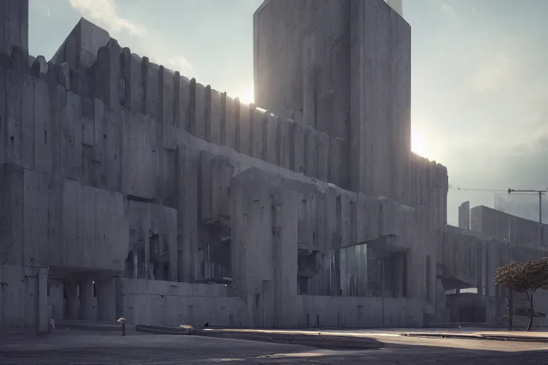 Image similar to extremely detailed cathedral of brutalist architecture, stunning volumetric light, sunset, metal, concrete and translucent material, stunning skies, trending on Artstation, 8k, photorealistic, hyper detailed, unreal engine 5, IMAX quality, cinematic, epic lighting, in the style of Greg Rutkowski