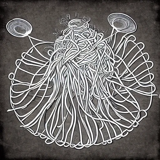 Image similar to realistic rendering of the flying spaghetti monster