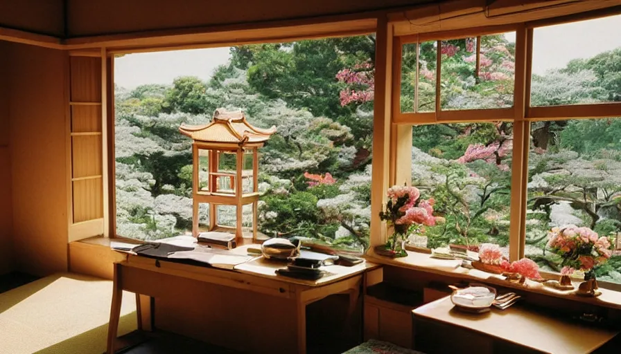 Image similar to 1 9 9 0 s candid 3 5 mm photo of a beautiful day in the a dreamy japanese flowery cottage designed by gucci, cinematic lighting, cinematic look, golden hour, a desk for flower arrangements and journaling has sun shinning on it through a window, temple in the distance, photographed by petra collins, uhd