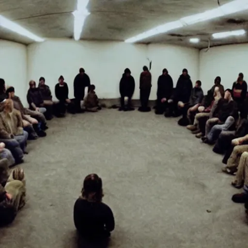 Image similar to found footage of the illuminate underground bunker ritual wide angle cult meeting