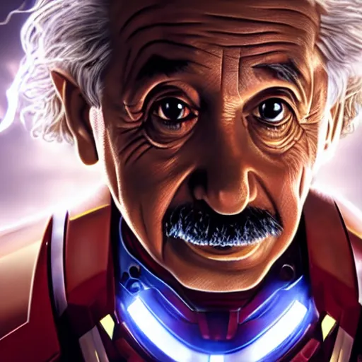 Image similar to albert einstein as tony stark in ironman, cinematic lighting, dramatic, octane render, long lens, shallow depth of field, bokeh, anamorphic lens flare, 8 k, hyper detailed, 3 5 mm film grain