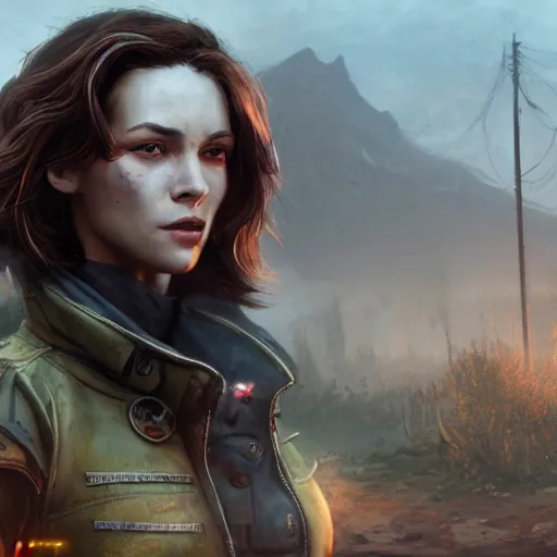 Prompt: fallout 5, charismatic beautiful rugged brunette female raider, portrait, outdoors cityscape, atmospheric lighting, painted, intricate, volumetric lighting, beautiful, daytime, sunny weather, slight overcast, sharp focus, deep colours, ultra detailed, by leesha hannigan, ross tran, thierry doizon, kai carpenter, ignacio fernandez rios