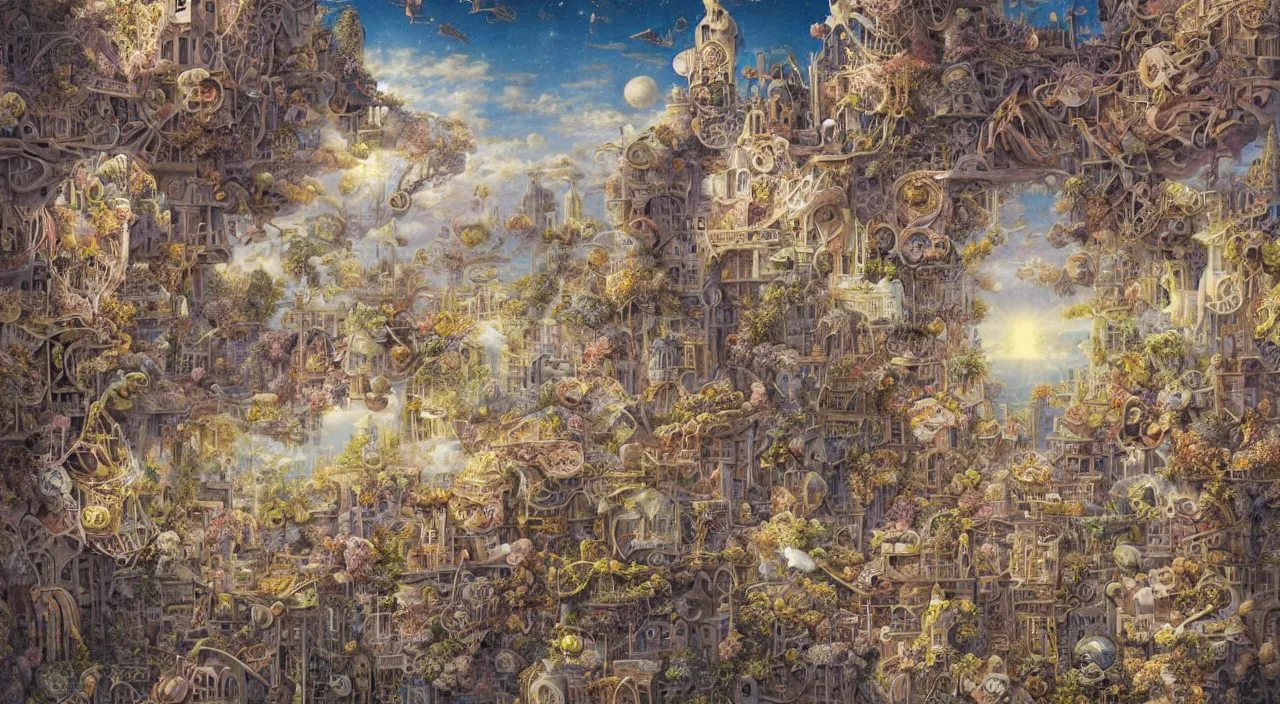 Image similar to pastel colours, guido borelli da caluso, richard dadd, smooth paper with detailed line work, Mandelbulb, Exquisite detail perfect symmetrical, silver details, hyper detailed, bold intricate ink illustration, smooth textures, steampunk, smoke, neon lights, starry sky, steampunk city, liquid polished metal, by jesper ejsing