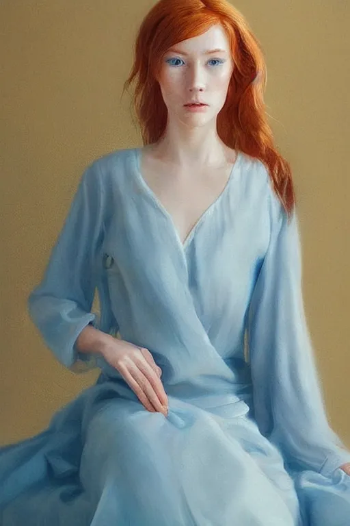 Prompt: a portrait of a young woman with ginger hair and light blue eyes wearing a traditional silk dress with very long sleeves. she looks at the viewer with a curious, witty expression. beautiful painting by artgerm and jia ruan.