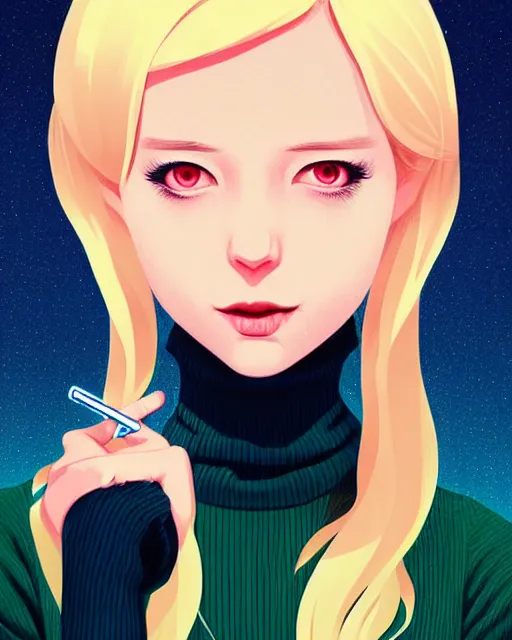 Image similar to digital illustration of pretty girl sa rina with shoulder length blonde hair wearing a sweater, from alice in wonderland, smoking, at night, by ilya kuvshinov, lois van baarle, rossdraws, basquiat