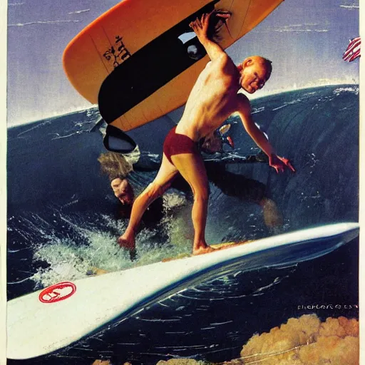 Image similar to surfing in space norman rockwell