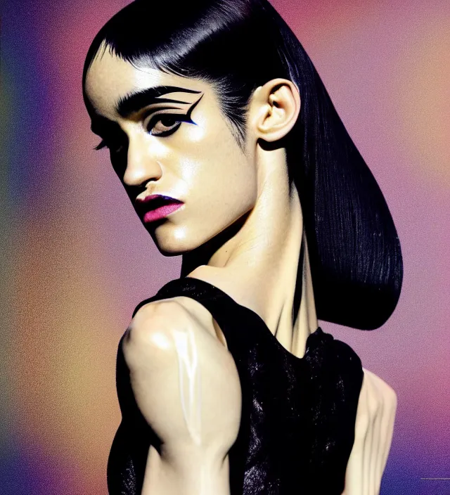 Image similar to la la land unseen film scene of gaz station by night, portrait of seductive sofia boutella dressed by an organic looking dress from designer * iris van herpen *, with stylish colorfull makeup. intriguing soft back lighting, geisha tattoo, highly detailed, skin grain detail, photography by paolo roversi, nick knight, helmut newton, avedon, araki