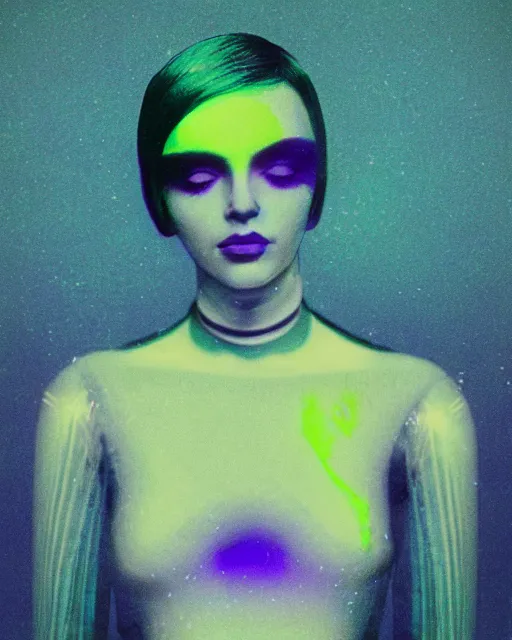 Prompt: cut and paste, serene robotic woman's face, sharp bob hair, dark makeup, violet and yellow and green and blue lighting, polaroid photo, 1 9 8 0 s, atmospheric, whimsical and psychedelic, grainy, expired film, super glitched, corrupted file, ghostly, bioluminescent glow, sci - fi, twisty