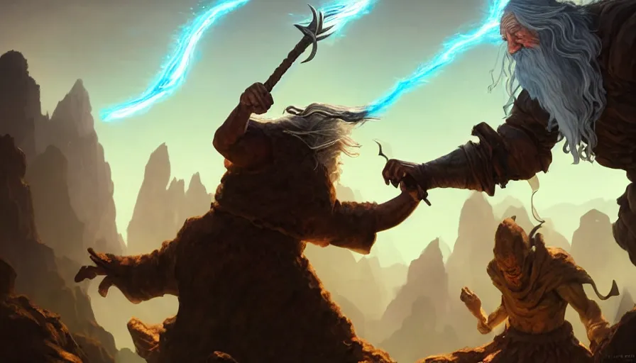 Image similar to gandalf fighting a rock golem with his magic, in a fantasy medieval land, d & d, fantasy, action pose, particle effects, digital painting, concept art, matte, sharp focus, volumetric lighting, illustration, hearthstone, artgerm, moebius, wlop, craig mullins, alphonse mucha