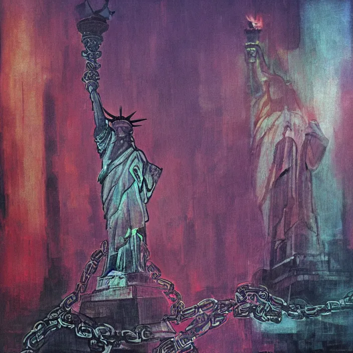 Image similar to statue of liberty in long large chains in underground city, red and purple palette, volume light, fog, by ( h. r. giger ) and paul lehr