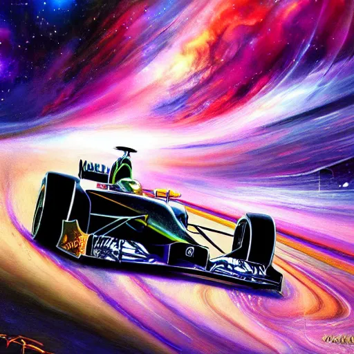 Prompt: a painting of a formula 1 car in a cosmic scenic environment by Android Jones, trending on Artstation, nebula, stars, planets, hyperdetailed