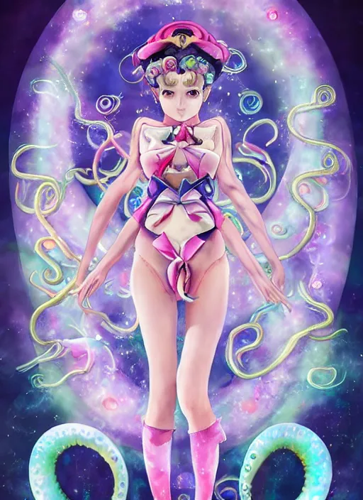 Image similar to A full shot of a sailor moon inspired Kawaii sea creature from the Abyss covered and opals and tentacles. Fully Clothed. F1.4. Symmetrical. Dark Smoke and VFX. Caustics refraction. Prism light. Demon Horns, Angel Wings, By Lisa Frank and Giger and Ruan Jia and Artgerm and Range Murata and WLOP. Key Art. Fantasy Illustration. award winning, Artstation, intricate details, realistic, Hyperdetailed, 8k resolution.