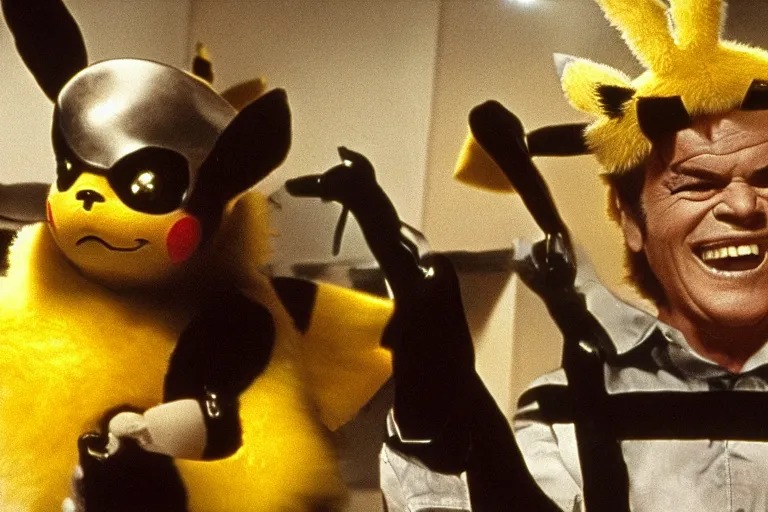 Prompt: Jack Nicholson in costume of Pikachu Terminator scene where his endoskeleton gets exposed still from the movie
