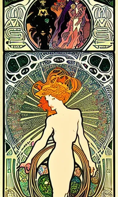 Image similar to castles on the moon, alphonse mucha, charles gesmar, aubrey beardsley, erte, winold reiss, philippe druillet