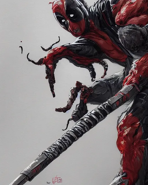 Image similar to highly detailed closeup portrait of a mutated venom symbiote in deadpool suit with a fierce expression, wearing his katana, by atey ghailan, by greg rutkowski, by greg tocchini, by james gilleard, by joe fenton, by kaethe butcher, red, black, crimson and grey color scheme