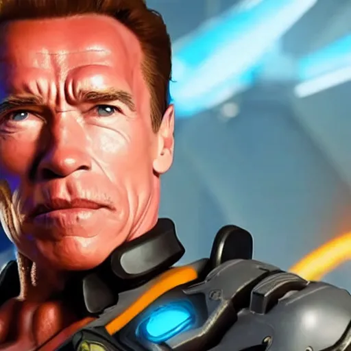 Image similar to a screenshot of arnold schwarzenegger as tracer in overwatch