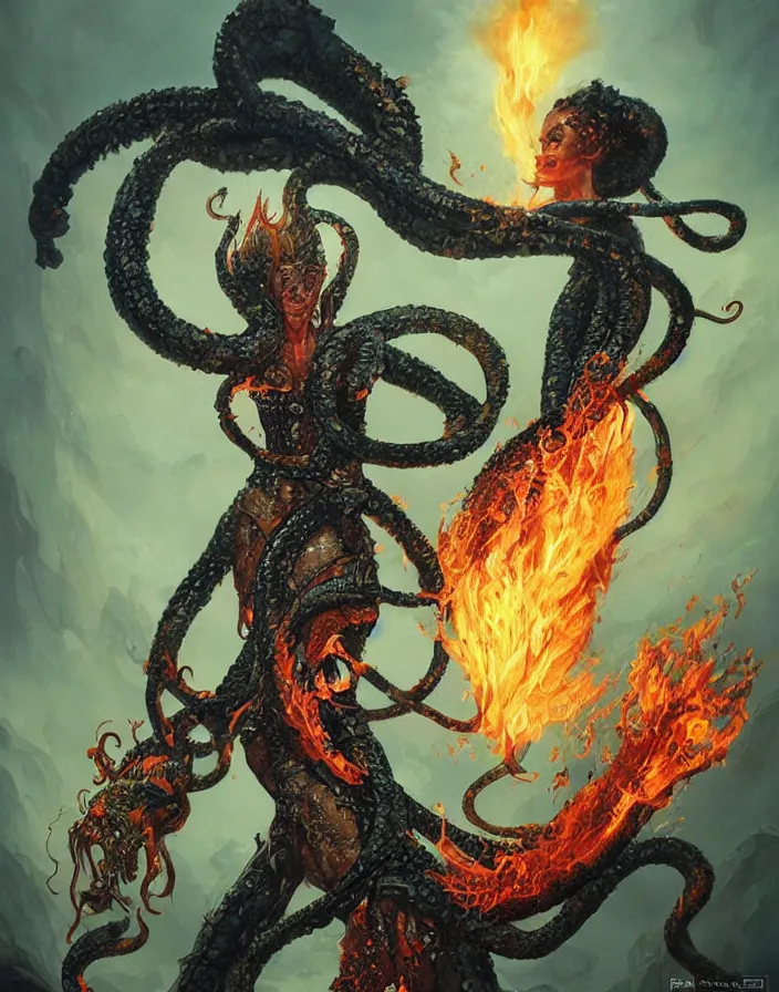 Image similar to a splatterpunk pose of a gorgon woman with flaming snakes for hair staring into a volcano, hyperrealistic, award-winning, in the style of Tom Bagshaw, Cedric Peyravernay, Peter Mohrbacher