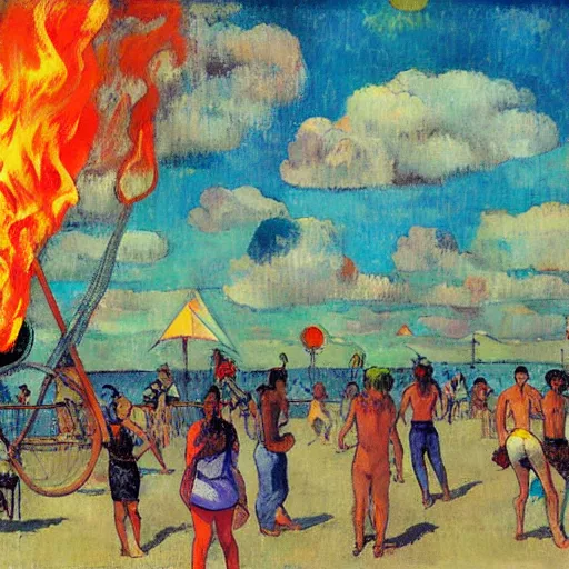 Prompt: burning man camp on the esplanade with fire spinning, art by paul gauguin