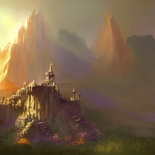 Prompt: stone structure, on top is lux aeterna, vibrant atmospheric colors, D&D, Magic The Gathering, by Craig Mullins, volumetric lighting,