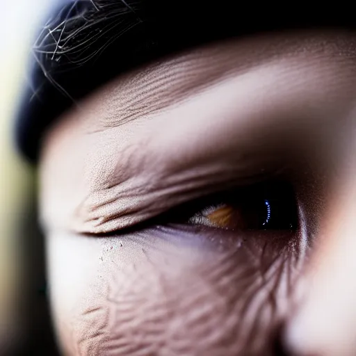 Image similar to photographic portrait of a poor techwear woman with tears in her eyes, closeup, sigma 85mm f/1.4, 4k, depth of field, high resolution, 4k, 8k, hd, full color