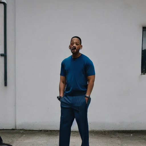 Prompt: will smith with his pants pulled up high, canon eos r 3, f / 1. 4, iso 2 0 0, 1 / 1 6 0 s, 8 k, raw, unedited, symmetrical balance, wide angle