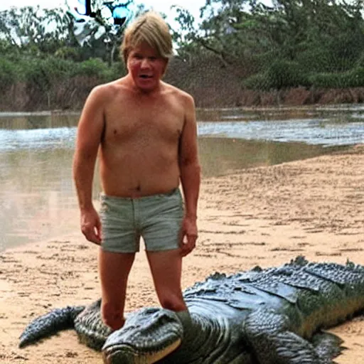 Prompt: steve irwin forgot to put his shorts on before wrestling a giant crocodile