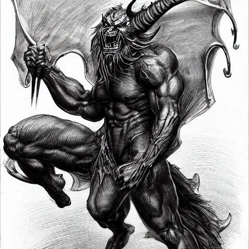Prompt: full body, grayscale, Gustave Dore, Sorie Kim, muscled humanoid balrog demon, horns, claws, large horned tail, heroic pose, swirling flames