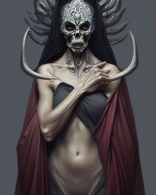 Image similar to portrait of a satanic grim reaper, detailed face, upper body, decorated, intricate, elegant, highly detailed, digital painting, artstation, concept art, smooth, sharp focus, illustration, art by artgerm and greg rutkowski and alphonse mucha, 8 k