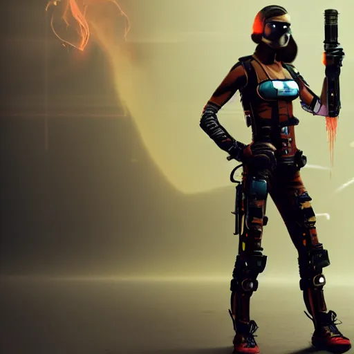 Image similar to photo of a female cyberpunk warrior with jetpack and flamethrower