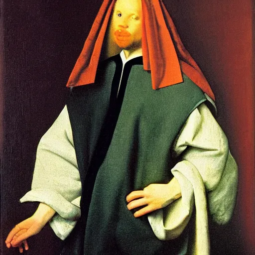 Image similar to Masterpiece Portrait of carrot top, dressed thobe, Ghutra and Egal, style of Johannes Vermeer