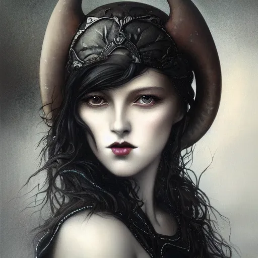 Prompt: By Tom Bagshaw, ultra realist soft painting of zynoid curiosities by night, very beautiful single female gothic fully dressed, horns, symmetry accurate features, very intricate details, ominous sky, black and white, volumetric light clouds