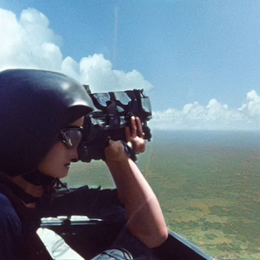 Prompt: film still, extreme far view, emma watson, in bell huey, door gunner, machine gun, tracer rounds, apocalypse now, associated press, 2 6 mm, kodak ektachrome, blue tint expired film,