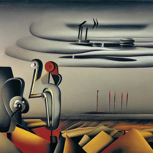 Prompt: painting of a machine by yves tanguy