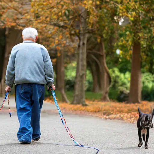 Image similar to elderly man walking a terrifying and evil creature, leash, park, canon eos r 3, f / 1. 4, iso 2 0 0, 1 / 1 6 0 s, 8 k, raw, unedited, symmetrical balance, wide angle