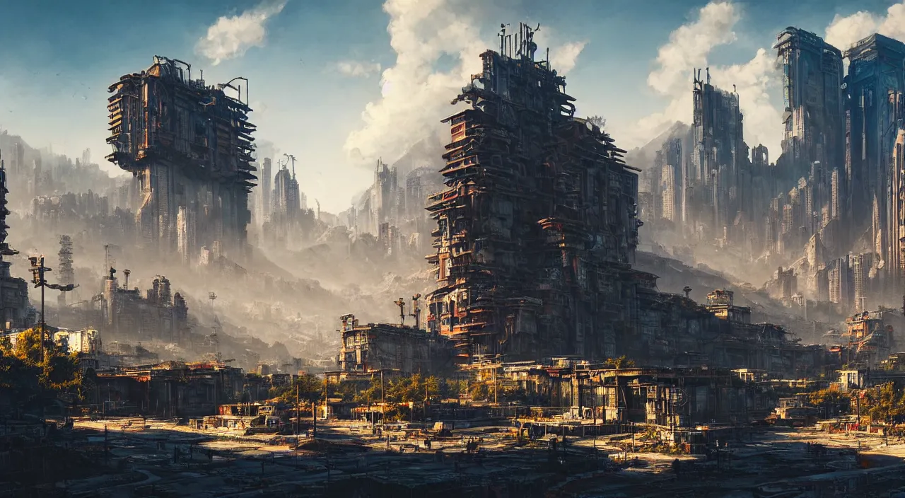 Image similar to dystopian cyberpunk city under kashmir mountains, red lights, hill valley grec greeble glory island little wood bridge, painting of tower ivy plant, in marble, late afternoon light, wispy clouds in a blue sky, by frank lloyd wright and greg rutkowski and ruan jia