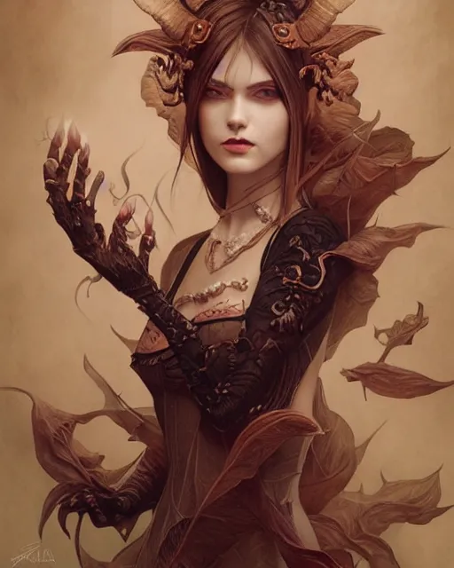 Image similar to Hyperrealistic female demon portrait, art nouveau , fantasys 'i ntr'icate flower des'igns , elegant, highly detailed, sharp focus, art by Artgerm and Greg Rutkowski and WLOP