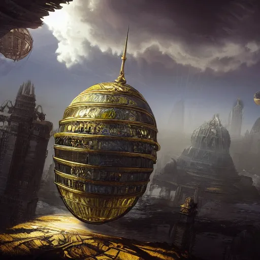 Image similar to enormous flying city in a faberge egg, sky, steampunk, fantasy art, masterpiece, hugh ferriss, unreal engine, peder balke, clouds background