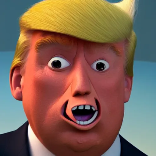 Image similar to happy, render of fun donald trump cartoony character, from the new pixar movie, dynamic lighting, cgsociety