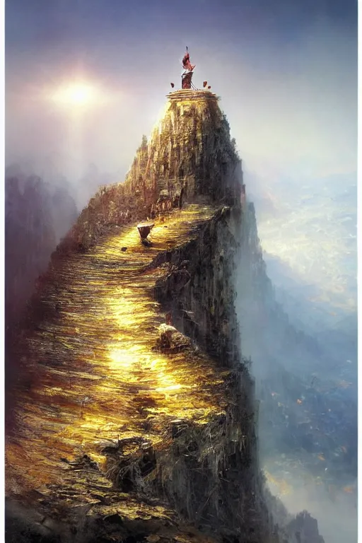 Image similar to from this high rock, from this peak, let the light of worship shine so that the emperor himself might see it from his golden throne., by ryohei hase, by john berkey, by jakub rozalski, by john martin